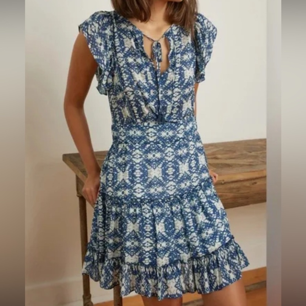 MELISSA NEPTON Blue and White Patterned Mini Dress